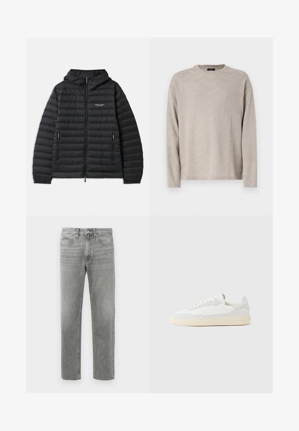 Veste noire matelassée avec capuche, fermeture éclair sur le devant et deux poches latérales. Présente un logo sur la poitrine gauche et un design texturé, matelassé.; Pull léger beige à manches longues avec un motif zigzag texturé, présentant une poche carré sur la poitrine et un col rond.; Jean en denim gris à coupe droite, avec un design classique à cinq poches et un léger dégradé pour la texture. Fermeture éclair standard.; Baskets blanches avec dessus en daim et cuir texturé. Caractérisées par un bout arrondi, une fermeture à lacets et une semelle en caoutchouc beige contrastante.