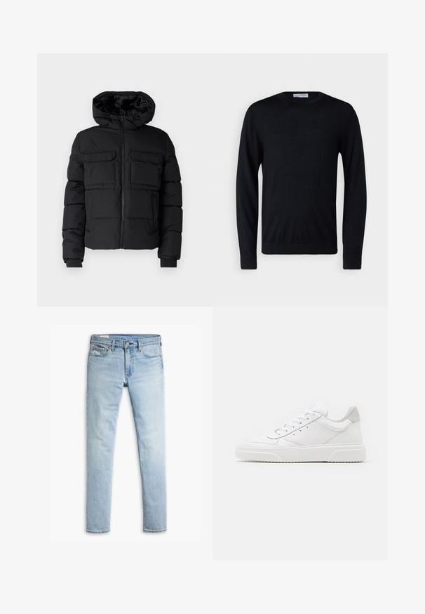 Schwarze gepolsterte Jacke mit Kapuze, zwei Brusttaschen, einem Frontreißverschluss und Rippbündchen. Glatte Textur und leichtes Design.; Schwarzer Pullover mit langen Ärmeln und Rundhalsausschnitt, mit gerippten Bündchen und Saum, vor weißem Hintergrund präsentiert.; Helle blaue, schmal geschnittene Jeans aus Denim mit Knopf- und Reißverschluss, Fronttaschen und Gürtelschlaufen auf weißem Hintergrund.; Weiße Leder-Sneaker mit glatter Oberfläche, rundem Zehenbereich, flachen Schnürsenkeln und strukturiertem Schuhsohlen. Graues Wildleder-Detail an der Ferse.