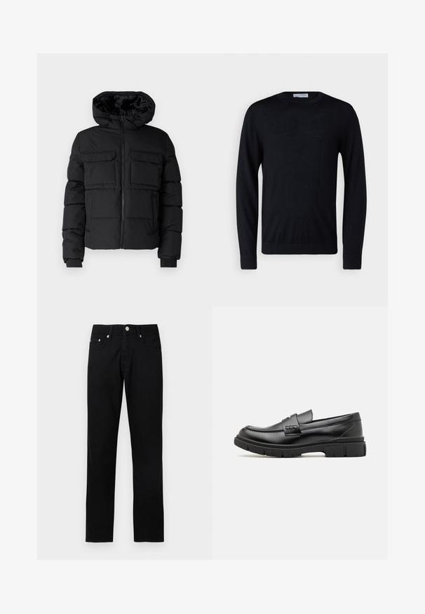 Schwarze gepolsterte Jacke mit Kapuze, zwei Brusttaschen, einem Frontreißverschluss und Rippbündchen. Glatte Textur und leichtes Design.; Schwarzer Pullover mit langen Ärmeln und Rundhalsausschnitt, mit gerippten Bündchen und Saum, vor weißem Hintergrund präsentiert.; Schwarze Jeans mit geradem Bein, vorderer Knopfleiste, Reißverschluss, Gürtelschlaufen und fünf Taschen auf hellgrauem Hintergrund.; Schwarze Lederloafer mit einem breiten Riemen über dem Rist, Gummisohle mit dicken Profilen und glatter Textur. Klassisches, schlankes Design.