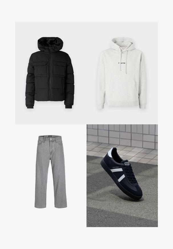 Zwarte gewatteerde jas met capuchon, voorzien van twee borstzakken, een ritssluiting aan de voorkant en ribboorden. Soepele textuur en lichtgewicht ontwerp.; Lichtgrijze hoodie met een kangoeroezak, een capuchon met trekkoord en geborduurde tekst in het zwart aan de voorkant. Gemaakt van een katoenblend, met ribgebreide manchetten.; Grijze denim broek met een ontspannen, losse pasvorm. Beschikt over een traditionele vijf-pocket ontwerp en een knoopsluiting bij de tailleband.; Zwarte leren sneaker met witte strepen, een gestructureerde rubberen zool en vetersluiting aan de voorkant. Voorzien van een merklabel op de tong.