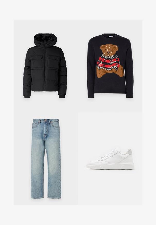 Schwarze gepolsterte Jacke mit Kapuze, zwei Brusttaschen, einem Frontreißverschluss und Rippbündchen. Glatte Textur und leichtes Design.; Schwarzer Strickpullover mit einem Teddy-Bären-Motiv in Braun, der einen rot-schwarz gestreiften Pullover mit weißen Akzenten und einem runden Ausschnitt trägt.; Hellblaue Jeans aus Denim mit geradem Bein, fünf Taschen und bronzener Hardware. Minimale Ausbleichungen mit einem sauberen Finish.; Weiße Leder-Sneaker mit glatter Oberfläche, rundem Zehenbereich, flachen Schnürsenkeln und strukturiertem Schuhsohlen. Graues Wildleder-Detail an der Ferse.
