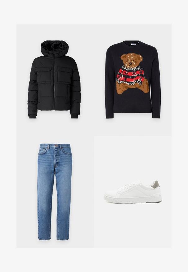 Veste rembourrée noire avec capuche, dotée de deux poches poitrine, d'une fermeture éclair à l'avant et de poignets côtelés. Texture lisse et design léger.; Un pull en tricot noir avec un motif d'ours en peluche brun, portant un pull à rayures rouges et noires avec des accents blancs et un col rond.; Jean en denim bleu clair avec une coupe droite, cinq poches et un zip à bouton. Texture délavée avec un léger effet de frottement à l'avant.; Basket blanche en cuir lisse, à bout arrondi, design minimaliste, accent de talon gris et semelle en caoutchouc texturé.