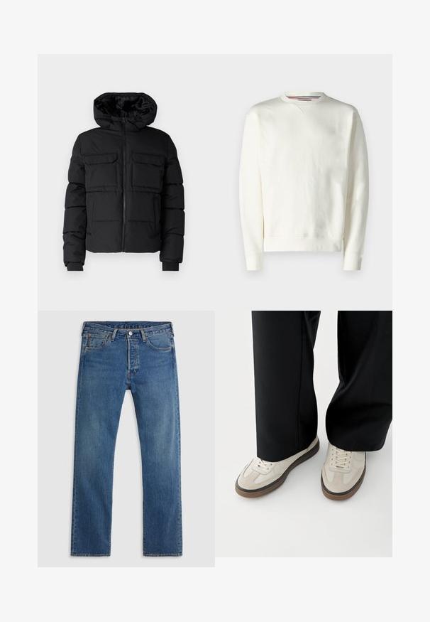 Zwarte gewatteerde jas met capuchon, voorzien van twee borstzakken, een ritssluiting aan de voorkant en ribboorden. Soepele textuur en lichtgewicht ontwerp.; Witte sweatshirt met een ronde hals, geribde manchetten en een subtiele logodetail. Zacht materiaal met een gladde textuur en een minimaal ontwerp.; Blauwe rechte denim jeans met vijf zakken, riemlussen en een sluiting met een knoop en ritssluiting aan de voorkant, op een effen achtergrond.; Voeten met beige sneakers met bruine zolen en zwarte wijde broekspijpen op een witte achtergrond.