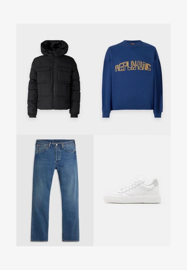 Schwarze gepolsterte Jacke mit Kapuze, zwei Brusttaschen, einem Frontreißverschluss und Rippbündchen. Glatte Textur und leichtes Design.; Navyblauer Rundhalsausschnitt-Pullover mit langen Ärmeln und gelbem, stilisiertem "REPLAYINC"-Text auf der Brust.; Blaue geradlinige Jeans aus Denim mit fünf Taschen, Gürtelschlaufen sowie einem Verschluss mit Knopf und Reißverschluss auf einem schlichten Hintergrund.; Weiße Leder-Sneaker mit glatter Oberfläche, rundem Zehenbereich, flachen Schnürsenkeln und strukturiertem Schuhsohlen. Graues Wildleder-Detail an der Ferse.