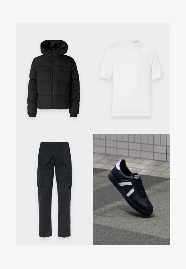 Veste rembourrée noire avec capuche, dotée de deux poches poitrine, d'une fermeture éclair à l'avant et de poignets côtelés. Texture lisse et design léger.; T-shirt en tricot blanc à manches courtes avec un col rond, présentant une texture lisse et des accents côtelés au niveau du col et de l'ourlet.; Pantalons cargo noirs en tissu résistant, dotés de deux poches latérales, de jambes droites et d'une fermeture à bouton à la taille.; Sneaker en cuir noir avec des rayures blanches, semelle en caoutchouc texturée et devant à lacets. Présente une étiquette de marque sur la languette.