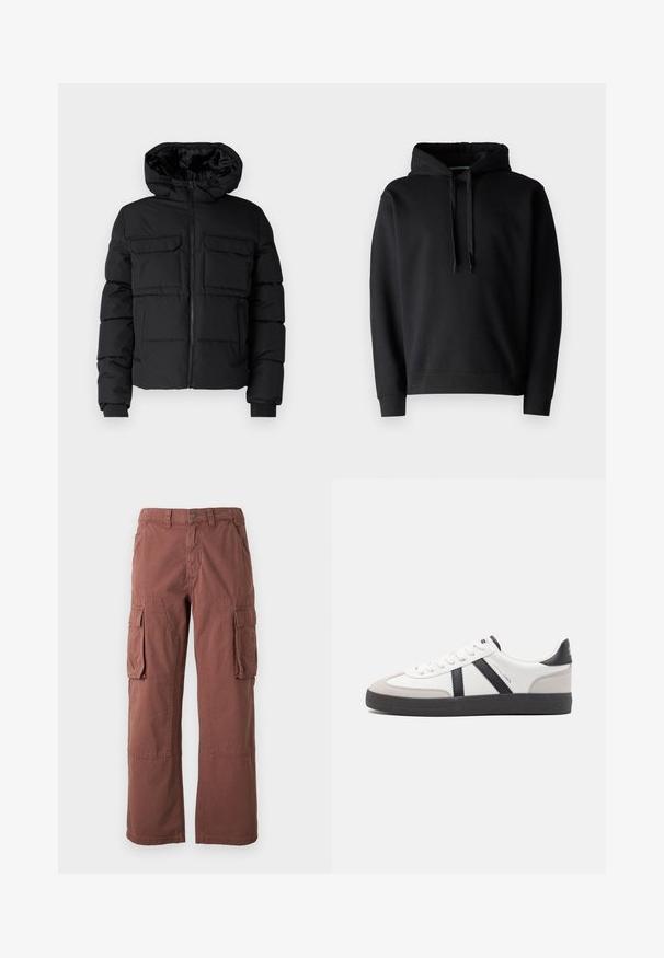 Sort polstret jakke med hætte, der har to brystlommer, en frontlynlås og ribbede ærmer. Glat overflade og letvægtsdesign.; Sort hætte sweatshirt lavet af blødt stof, med en kængurulomme, ribbede manchetter og en justerbar snor i hætten.; Cargo bukser i en rustfarve, lavet af slidstærkt stof. Har store sidelommer, lige ben og knaplukning i taljen.; Hvide sneakers med sorte og grå detaljer, med en tekstureret grå tåhætte, sort gummisål og flade hvide snørebånd. Rent design, minimalistisk stil.