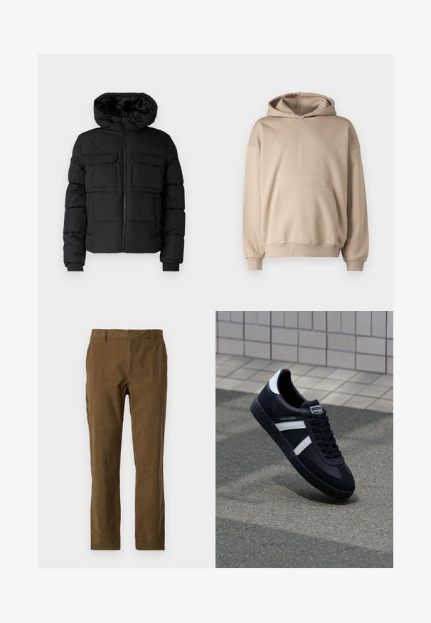 Veste rembourrée noire avec capuche, dotée de deux poches poitrine, d'une fermeture éclair à l'avant et de poignets côtelés. Texture lisse et design léger.; Sweatshirt à capuche beige, en tissu doux, coupe ample, poche kangourou, poignets et ourlet côtelés, design minimaliste, texture lisse.; Pantalons en velours côtelé marron avec une coupe droite, présentant des côtes verticales, une fermeture à boutons sur le devant et des poches latérales pour plus de praticité.; Sneaker en cuir noir avec des rayures blanches, semelle en caoutchouc texturée et devant à lacets. Présente une étiquette de marque sur la languette.