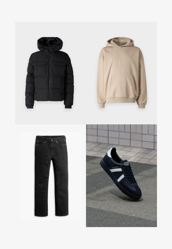 Zwarte gewatteerde jas met capuchon, voorzien van twee borstzakken, een ritssluiting aan de voorkant en ribboorden. Soepele textuur en lichtgewicht ontwerp.; Beige capuchon sweatshirt, zachte stof, losse pasvorm, kangoeroezak, ribgebreide manchetten en zoom, minimalistisch ontwerp, gladde textuur.; Zwarte rechte spijkerbroek met vijf zakken, riemlussen en een knoopsluiting in de taille, plat gelegd op een witte achtergrond.; Zwarte leren sneaker met witte strepen, een gestructureerde rubberen zool en vetersluiting aan de voorkant. Voorzien van een merklabel op de tong.
