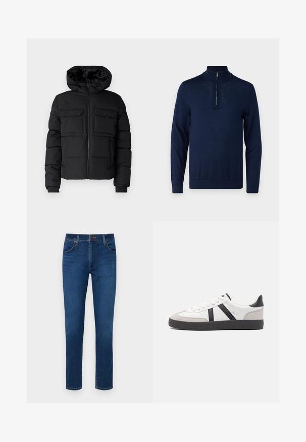 Schwarze gepolsterte Jacke mit Kapuze, zwei Brusttaschen, einem Frontreißverschluss und Rippbündchen. Glatte Textur und leichtes Design.; Navyblaues Langarm-Pullover mit einem Viertel-Reißverschluss-Kragen. Glatte Textur, körperbetontes Design, minimale Nahtdetails und keine sichtbaren Logos.; Dunkelblaue Jeans aus Denim mit geradem Bein, vorderen Taschen und einem Knopfverschluss am Bund. Glatte Textur, minimale Details.; Weiße Sneaker mit schwarz- und grau-aczenten, ausgestattet mit einer strukturierten grauen Zehenkappe, schwarzer Gummi-Sohle und flachen weißen Schnürsenkeln. Sauberes Design, minimalistische Stil.