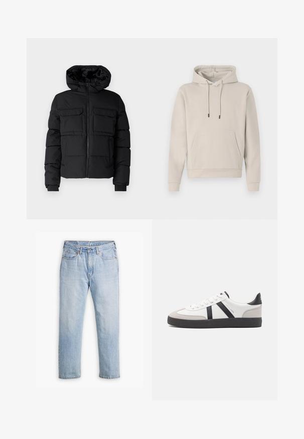 Schwarze gepolsterte Jacke mit Kapuze, zwei Brusttaschen, einem Frontreißverschluss und Rippbündchen. Glatte Textur und leichtes Design.; Kapuzensweatshirt in hellbeige, mit einer Fronttasche, Kordelzügen und gerippten Bündchen. Aus weichem, glattem Stoff gefertigt mit einer lockeren Passform.; Helle blaue Denim-Jeans mit geradem Bein, im Fünf-Taschen-Stil und kontrastierenden Nähten. Knopf- und Reißverschluss an der Taille.; Weiße Sneaker mit schwarz- und grau-aczenten, ausgestattet mit einer strukturierten grauen Zehenkappe, schwarzer Gummi-Sohle und flachen weißen Schnürsenkeln. Sauberes Design, minimalistische Stil.
