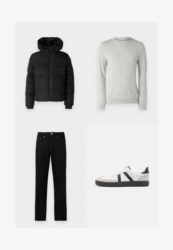 Schwarze gepolsterte Jacke mit Kapuze, zwei Brusttaschen, einem Frontreißverschluss und Rippbündchen. Glatte Textur und leichtes Design.; Hellgrauer Strickpullover mit rundem Ausschnitt, langen Ärmeln, strukturiertem Muster und gerippten Säumen und Bündchen. Weicher, atmungsaktiver Stoff.; Schwarze Jeans mit geradem Bein, vorderer Knopfleiste, Reißverschluss, Gürtelschlaufen und fünf Taschen auf hellgrauem Hintergrund.; Weiße Sneaker mit schwarz- und grau-aczenten, ausgestattet mit einer strukturierten grauen Zehenkappe, schwarzer Gummi-Sohle und flachen weißen Schnürsenkeln. Sauberes Design, minimalistische Stil.