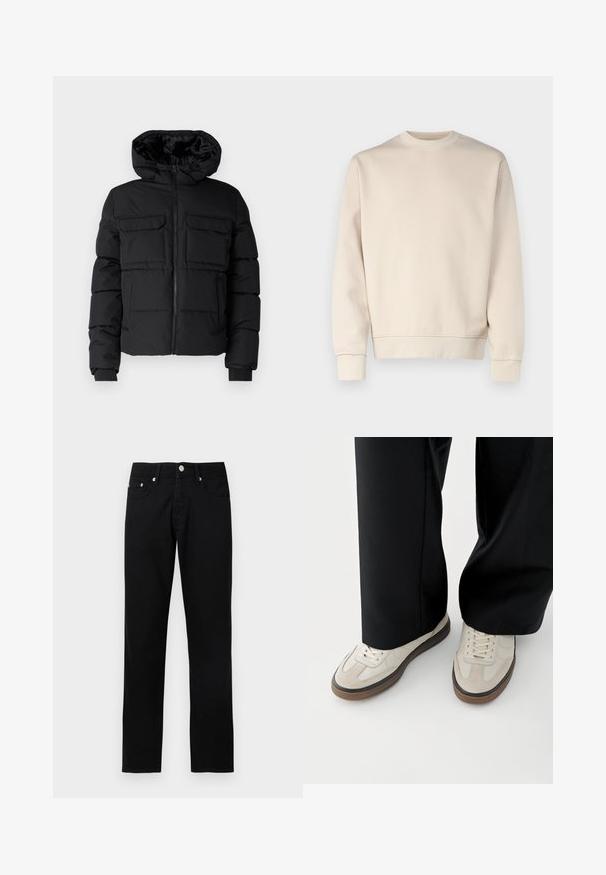 Schwarze gepolsterte Jacke mit Kapuze, zwei Brusttaschen, einem Frontreißverschluss und Rippbündchen. Glatte Textur und leichtes Design.; Hellbeiges Sweatshirt mit rundem Ausschnitt, gerippten Bündchen und Saum. Hergestellt aus weichem Stoff mit glatter Textur. Minimalistisches Design, keine Muster.; Schwarze Jeans mit geradem Bein, vorderer Knopfleiste, Reißverschluss, Gürtelschlaufen und fünf Taschen auf hellgrauem Hintergrund.; Füße mit beigen Sneakers mit braunen Sohlen und schwarzen Hosen mit weitem Bein auf weißem Hintergrund.