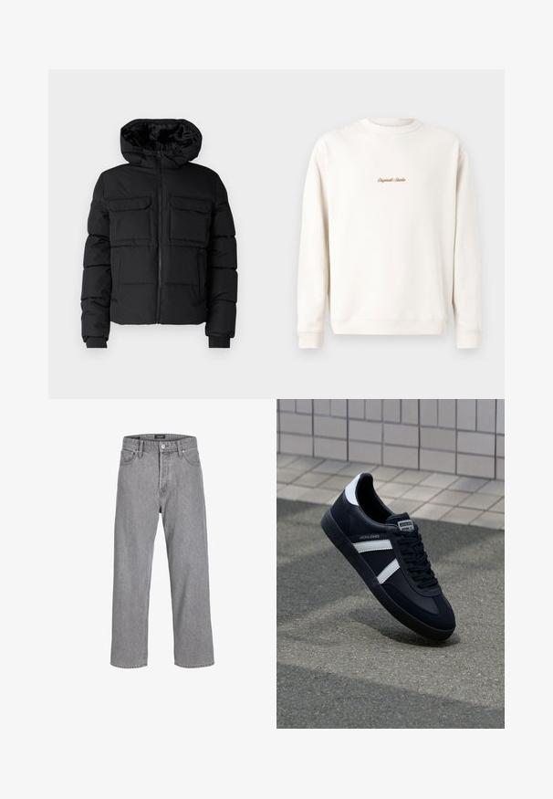 Schwarze gepolsterte Jacke mit Kapuze, zwei Brusttaschen, einem Frontreißverschluss und Rippbündchen. Glatte Textur und leichtes Design.; Cremefarbiges Sweatshirt mit geripptem Rundhalsausschnitt und Bündchen. Auf der Brust befindet sich eine kleine goldene Stickerei "Original Studio". Weicher Stoff.; Graue Jeanshose mit einem lässigen, lockeren Schnitt. Verfügt über ein traditionelles Fünf-Taschen-Design und einen Knopfverschluss am Bund.; Schwarze Leder-Sneaker mit weißen Streifen, strukturiertem Gummisohle und Schnürung. Verfügt über ein Markenetikett auf der Zunge.