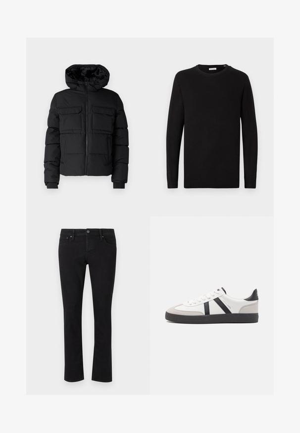 Sort polstret jakke med hætte, der har to brystlommer, en frontlynlås og ribbede ærmer. Glat overflade og letvægtsdesign.; Sort crew neck sweater, lange ærmer, strikket stof, ribbede manchetter og kant, minimalistisk design, glat tekstur, ingen synlige mønstre.; Sorte denimjeans med lige snit, fem-lomme design, metalknaplukning og minimal syning. Glat tekstur hele vejen igennem.; Hvide sneakers med sorte og grå detaljer, med en tekstureret grå tåhætte, sort gummisål og flade hvide snørebånd. Rent design, minimalistisk stil.