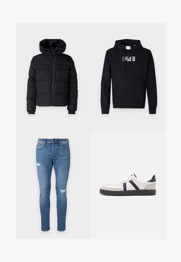 Schwarze gepolsterte Jacke mit Kapuze, zwei Brusttaschen, einem Frontreißverschluss und Rippbündchen. Glatte Textur und leichtes Design.; Schwarzer Kapuzenpullover aus weichem Stoff, mit einer vorderen Kängurutasche und einem bedruckten Logo auf der Brust. Lange Ärmel mit gerippten Bündchen.; Verblasste blaue Jeans im Slim-Fit, mit zerstörten Stellen an den Knien, einem Knopfverschluss und einem Fünf-Taschen-Design.; Weiße Sneaker mit schwarz- und grau-aczenten, ausgestattet mit einer strukturierten grauen Zehenkappe, schwarzer Gummi-Sohle und flachen weißen Schnürsenkeln. Sauberes Design, minimalistische Stil.