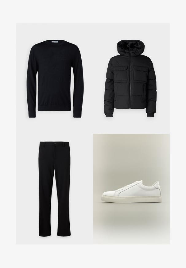 Veste rembourrée noire avec capuche, dotée de deux poches poitrine, d'une fermeture éclair à l'avant et de poignets côtelés. Texture lisse et design léger.; Pull noir à manches longues, col rond, avec poignets et ourlet côtelés, présenté sur fond blanc.; Pantalon habillé noir à jambes droites, fermeture à bouton et zip, passants de ceinture, sans poches apparentes, présenté sur un fond clair uni.; Baskets blanches basses à lacets sur l’avant et semelle épaisse, vues de côté sur un fond neutre.