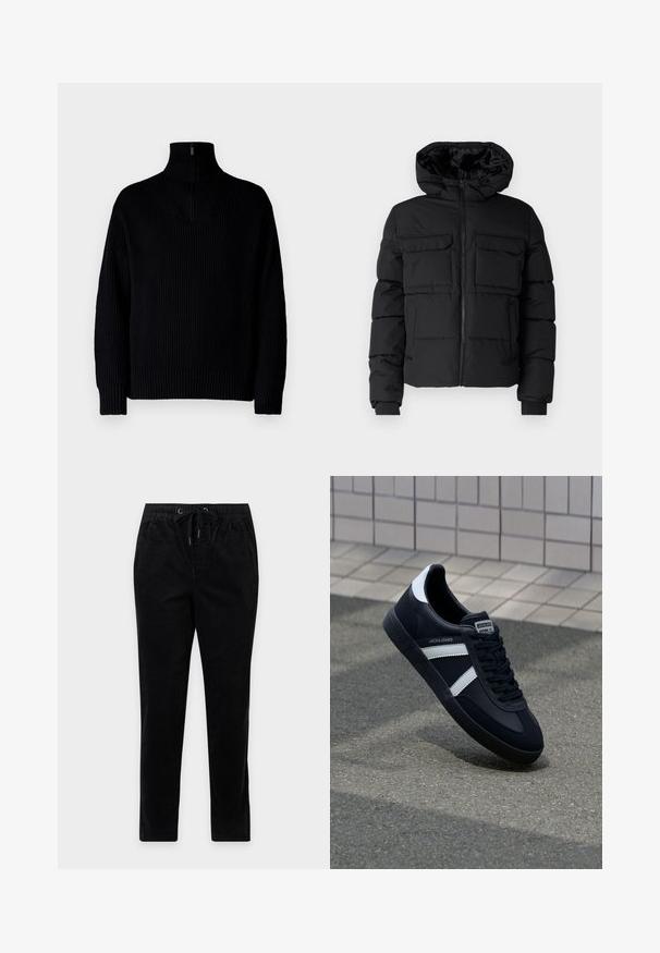 Schwarze gepolsterte Jacke mit Kapuze, zwei Brusttaschen, einem Frontreißverschluss und Rippbündchen. Glatte Textur und leichtes Design.; Schwarzer gerippter Rollkragenpullover mit einem Halb-Reißverschluss am Kragen, langärmlig und in lässiger Passform. Die Textur ist weich und grob.; Schwarze Cordhosen mit geradem Bein, elastischem Bund, Kordelzug und Seitentaschen, vor neutralem Hintergrund präsentiert.; Schwarze Leder-Sneaker mit weißen Streifen, strukturiertem Gummisohle und Schnürung. Verfügt über ein Markenetikett auf der Zunge.