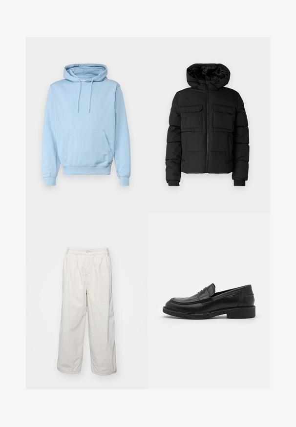 Schwarze gepolsterte Jacke mit Kapuze, zwei Brusttaschen, einem Frontreißverschluss und Rippbündchen. Glatte Textur und leichtes Design.; Hellblaue Kapuzenpullover aus weichem Stoff, mit frontaler Kängurutasche und Kordelzugkapuze. Rippbündchen und Saum.; Weiße Baumwoll-Hosen mit weitem Bein und elastischem Bund, ausgestattet mit einem vorderen Knopfverschluss und seitlichen Taschen. Glatte Textur und minimalistisches Design.; Schwarze Lederloafer mit abgerundetem Zeh, farblich abgestimmtem Nähen und einem Riemendetail an der Vorderseite. Gummi-Sohle mit niedrigem Absatz.