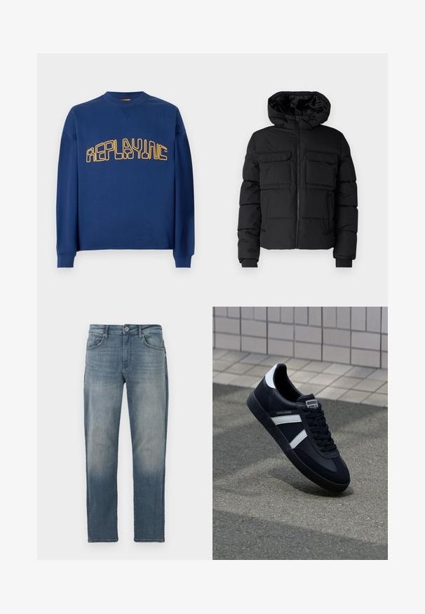 Zwarte gewatteerde jas met capuchon, voorzien van twee borstzakken, een ritssluiting aan de voorkant en ribboorden. Soepele textuur en lichtgewicht ontwerp.; Marineblauwe crewneck sweatshirt met lange mouwen en geel gestileerde tekst "REPLAYINC" over de borst.; Lichtblauwe spijkerbroek met een rechte pasvorm, vijf zakken, metalen knoopsluiting en subtiele vervaging aan de voorkant.; Zwarte leren sneaker met witte strepen, een gestructureerde rubberen zool en vetersluiting aan de voorkant. Voorzien van een merklabel op de tong.