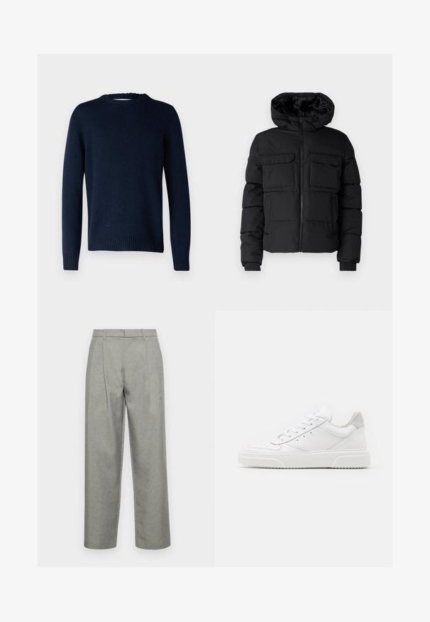 Veste rembourrée noire avec capuche, dotée de deux poches poitrine, d'une fermeture éclair à l'avant et de poignets côtelés. Texture lisse et design léger.; Selected SLMCODY LS KNIT CREW NECK NOOS - Pullover - sky captain; Pantalons gris sur mesure en tissu texturé, avec une coupe droite, des plis avant et une taille standard avec passants de ceinture.; Des baskets en cuir blanc avec une finition lisse, un bout rond, des lacets plats et une semelle texturée. Accents en daim gris au niveau du talon.
