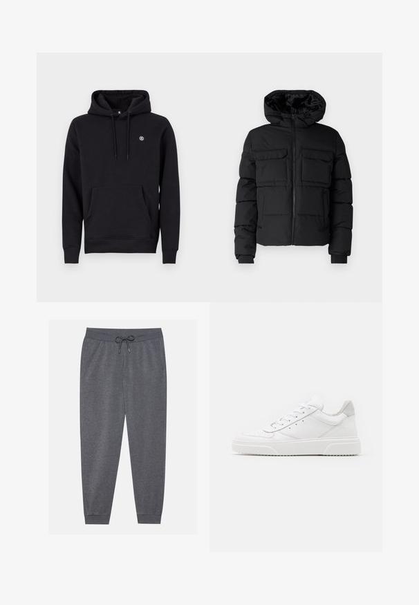Zwarte gewatteerde jas met capuchon, voorzien van twee borstzakken, een ritssluiting aan de voorkant en ribboorden. Soepele textuur en lichtgewicht ontwerp.; Zwarte hoodie van katoenmix. Heeft een voorzak, geribbelde manchetten en een klein logo op de borst.; Grijze sweatpants met een elastische tailleband, verstelbare trekkoord, zijzakken en taps toelopende boorden, gemaakt van een zachte stof.; Witte leren sneakers met een gladde afwerking, ronde neus, platte veters en een gestructureerde zool. Grijze suède accent bij de hiel.