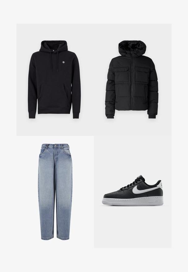 Veste rembourrée noire avec capuche, dotée de deux poches poitrine, d'une fermeture éclair à l'avant et de poignets côtelés. Texture lisse et design léger.; Sweatshirt à capuche noire en tissu mélangé de coton. Il présente une poche kangourou à l'avant, des poignets côtelés et un petit logo sur la poitrine.; Jean en denim bleu taille haute et coupe ample, avec poches avant, passants de ceinture, fermeture par boutons et détails délavés le long des jambes.; Baskets en cuir noir avec surface texturée, swoosh Nike blanc, semelle grise, bout rond et design à lacets. Comprend des perforations sur la boîte à orteils.