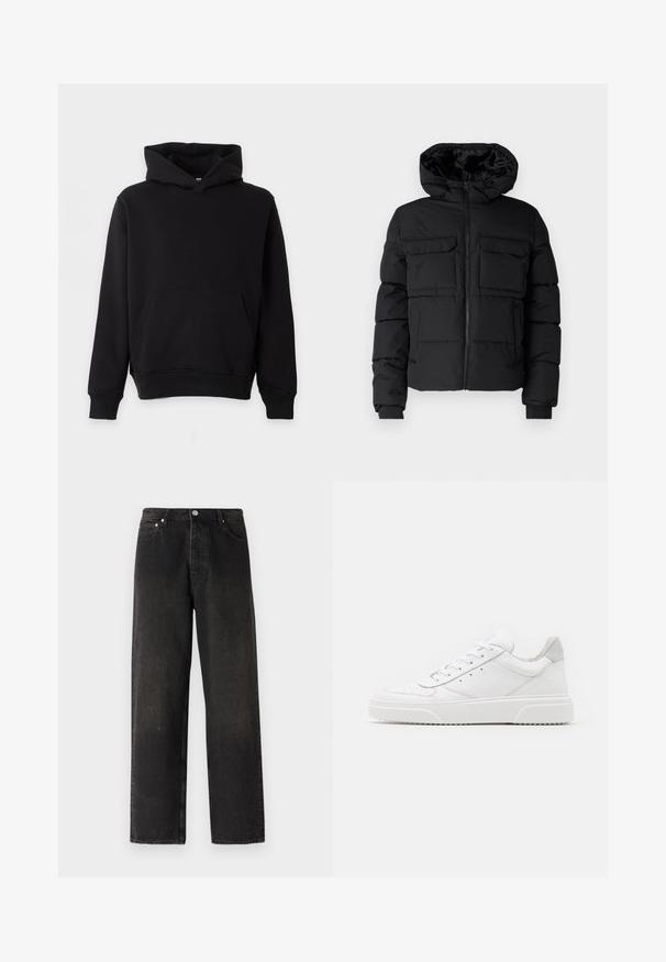 Schwarze gepolsterte Jacke mit Kapuze, zwei Brusttaschen, einem Frontreißverschluss und Rippbündchen. Glatte Textur und leichtes Design.; Schwarzes Kapuzen-Sweatshirt mit Kängurutasche, langen Ärmeln und gerippten Bündchen sowie Saum, vor hellem Hintergrund präsentiert.; Schwarze Jeans aus Denim mit geradem Bein, fünf Taschen, Messingknopf und dezenten Strukturvariationen im Stoff.; Weiße Leder-Sneaker mit glatter Oberfläche, rundem Zehenbereich, flachen Schnürsenkeln und strukturiertem Schuhsohlen. Graues Wildleder-Detail an der Ferse.
