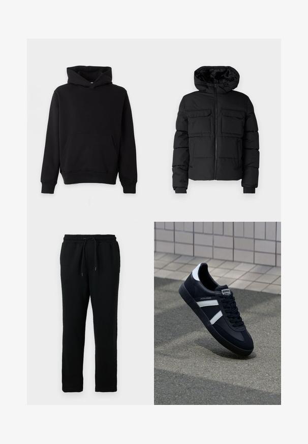 Zwarte gewatteerde jas met capuchon, voorzien van twee borstzakken, een ritssluiting aan de voorkant en ribboorden. Soepele textuur en lichtgewicht ontwerp.; Effen zwarte hoodie met buidelzak aan de voorkant, lange mouwen en geribde boorden en zoom, getoond tegen een lichte achtergrond.; Zwarte katoenen sweatpants met een elastische tailleband, een trekkoord voor aanpassing en een taps toelopend ontwerp. Gladde textuur en geen zichtbare patronen.; Zwarte leren sneaker met witte strepen, een gestructureerde rubberen zool en vetersluiting aan de voorkant. Voorzien van een merklabel op de tong.