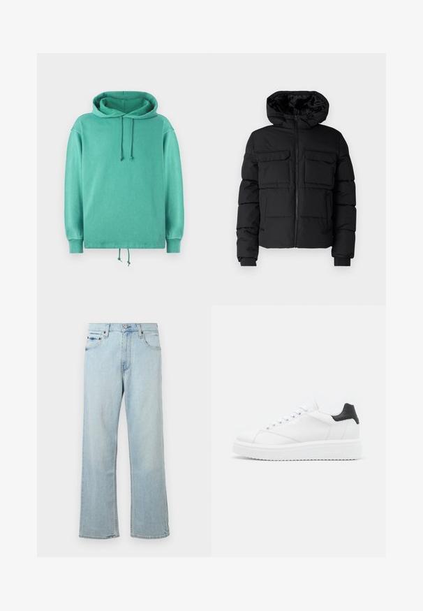Sort polstret jakke med hætte, der har to brystlommer, en frontlynlås og ribbede ærmer. Glat overflade og letvægtsdesign.; Mintgrøn hoodie lavet af blødt stof med en afslappet pasform, der har en rummelig halsudskæring, snore og ribbede ærmer.; Lyseblå denimjeans med en løs, bred bendesign. Har fem lommer, bæltestropper og en lynlås med knaplukning.; Hvide lædersneakers med en sort hælflap, flade snørebånd, struktureret mellemsål og branding på ydersiden. Designet til afslappet brug.