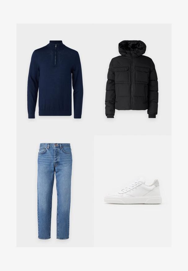 Schwarze gepolsterte Jacke mit Kapuze, zwei Brusttaschen, einem Frontreißverschluss und Rippbündchen. Glatte Textur und leichtes Design.; Navyblaues Langarm-Pullover mit einem Viertel-Reißverschluss-Kragen. Glatte Textur, körperbetontes Design, minimale Nahtdetails und keine sichtbaren Logos.; Hellblaues Denim-Jeanspaar mit geradem Schnitt, fünf Taschen und Knopfverschluss. Überwaschene Textur mit leichtem Ausbleichen an der Vorderseite.; Weiße Leder-Sneaker mit glatter Oberfläche, rundem Zehenbereich, flachen Schnürsenkeln und strukturiertem Schuhsohlen. Graues Wildleder-Detail an der Ferse.