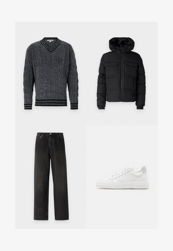 Sort polstret jakke med hætte, der har to brystlommer, en frontlynlås og ribbede ærmer. Glat overflade og letvægtsdesign.; Grå strikket sweater med flettemønster. V-hals design, sort ribbede kanter ved krave og nederkant. Har et lille sort logo på brystet.; Sorte denim jeans med lige ben, der har en fem-lomme stil, messingknap og subtile teksturvariationer på stoffet.; Hvide lædersneakers med en glat finish, rund tå, flade snørebånd og en struktureret sål. Grå ruskindsdetalje ved hælen.