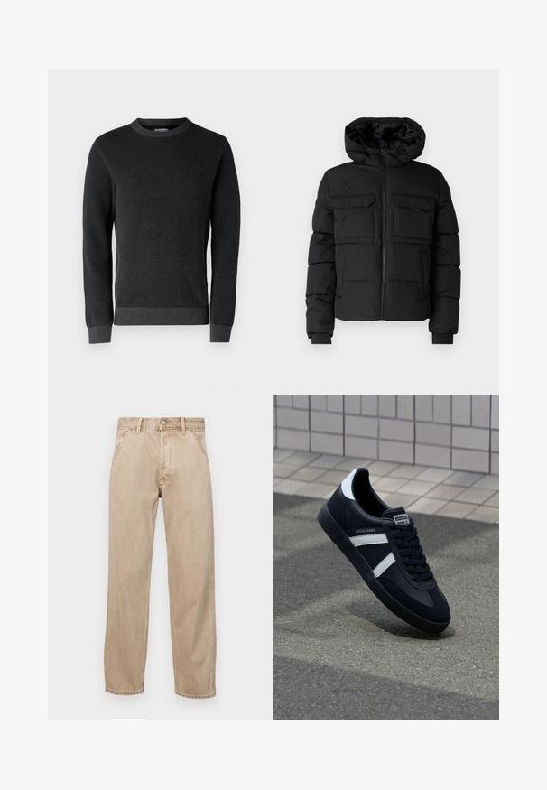 Veste rembourrée noire avec capuche, dotée de deux poches poitrine, d'une fermeture éclair à l'avant et de poignets côtelés. Texture lisse et design léger.; Un pull en tricot gris foncé avec une surface texturée, un col rond et des poignets et un ourlet côtelés. Il dispose de manches longues et d'une coupe classique.; Jeans en denim beige avec une coupe droite, dotés de poches avant, d'une fermeture à bouton en métal et d'une texture subtile.; Sneaker en cuir noir avec des rayures blanches, semelle en caoutchouc texturée et devant à lacets. Présente une étiquette de marque sur la languette.