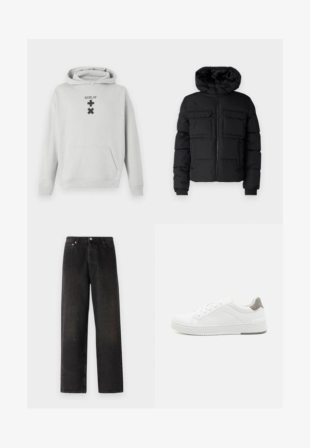 Zwarte gewatteerde jas met capuchon, voorzien van twee borstzakken, een ritssluiting aan de voorkant en ribboorden. Soepele textuur en lichtgewicht ontwerp.; Lichtgrijze hoodie met een voorzak, voorzien van zwarte "REPLAY" tekst en grafische symbolen. Zacht stof, losse pasvorm, ribgebreide boorden.; Zwarte denim jeans met een recht model, voorzien van een vijf-pocketstijl, een messing knoop en subtiele textuurvariaties op de stof.; Witte sneaker van glad leer met een ronde neus, minimalistisch ontwerp, grijze hielaccent en een geplaatste rubberen zool.