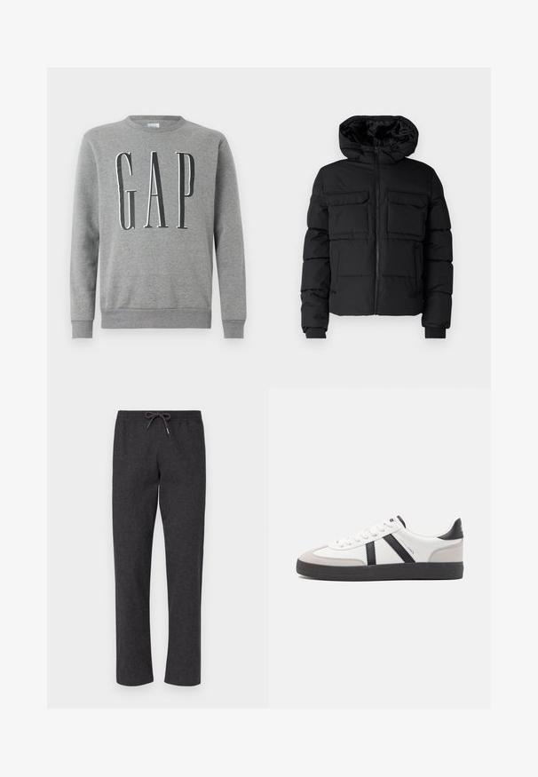 Schwarze gepolsterte Jacke mit Kapuze, zwei Brusttaschen, einem Frontreißverschluss und Rippbündchen. Glatte Textur und leichtes Design.; Grauer Sweatshirt mit Rundhalsausschnitt, gerippten Bündchen und Saum, mit dem Wort "GAP" in großer schwarzer Schrift auf der Vorderseite. Weicher Stoff.; Dunkelgraue, weiche Stoffhosen mit elastischem Bund und Kordelzug. Gerades Bein-Design, keine Taschen, glatte Textur und einfache Konstruktion.; Weiße Sneaker mit schwarz- und grau-aczenten, ausgestattet mit einer strukturierten grauen Zehenkappe, schwarzer Gummi-Sohle und flachen weißen Schnürsenkeln. Sauberes Design, minimalistische Stil.