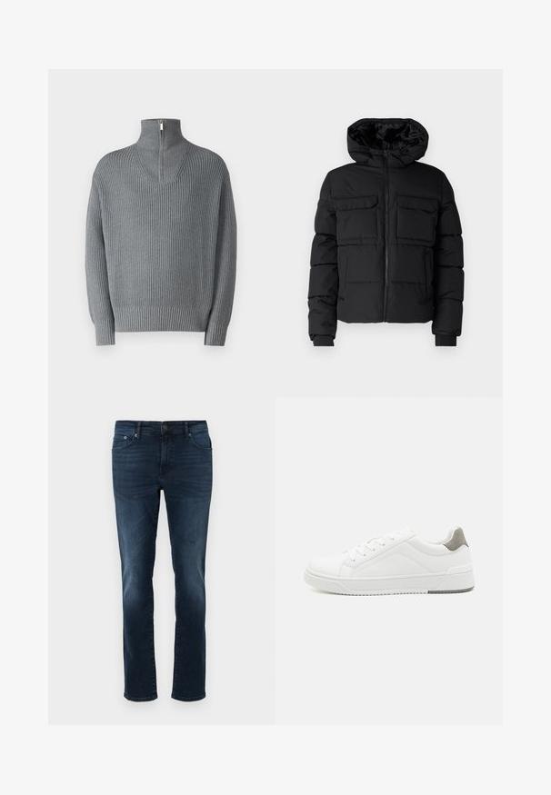 Schwarze gepolsterte Jacke mit Kapuze, zwei Brusttaschen, einem Frontreißverschluss und Rippbündchen. Glatte Textur und leichtes Design.; Grauer gerippter Pullover mit hohem, Reißverschluss-Kragen und langen Ärmeln. Verfügt über ein strukturiertes Strickmuster, hat eine entspannte Passform und elastische Bündchen.; Dunkelblaue Jeans aus Denim mit geradem Schnitt, mittlerer Leibhöhe, fünf Taschen und Stichdetails. Glatte Textur mit leicht ausgebleichten Akzenten.; Weißer Sneaker aus glattem Leder, runde Zehenpartie, minimalistisches Design, graue Fersenkante und strukturierte Gummisohle.
