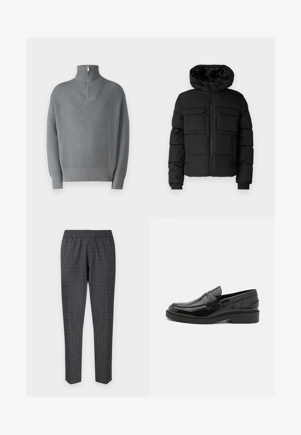 Schwarze gepolsterte Jacke mit Kapuze, zwei Brusttaschen, einem Frontreißverschluss und Rippbündchen. Glatte Textur und leichtes Design.; Grauer gerippter Pullover mit hohem, Reißverschluss-Kragen und langen Ärmeln. Verfügt über ein strukturiertes Strickmuster, hat eine entspannte Passform und elastische Bündchen.; Grau kariierte Hose mit einem elastischen Bund und schmal zulaufenden Beinen, gefertigt aus einem strukturierten Stoff mit einem dezenten Muster.; Schwarze Lederloafers mit glatter Oberfläche, abgerundetem Zehenbereich, niedrigem Absatz und dekorativer Naht entlang der Vorderseite. Gummisohle für guten Halt.
