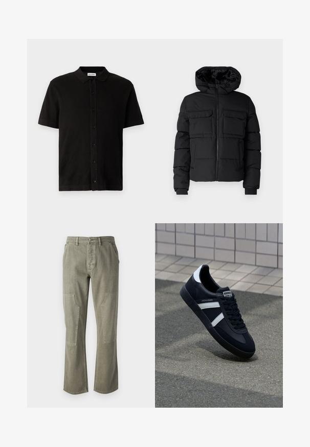 Sort polstret jakke med hætte, der har to brystlommer, en frontlynlås og ribbede ærmer. Glat overflade og letvægtsdesign.; Sort kortærmet poloshirt lavet af tekstureret stof med en knaplukning foran og en klassisk krave. Har en lige søm.; Olivenfarvede bukser lavet af bomuld med lige ben-design, der har ribbede detaljer på påsatte lommer og kontrasterende syninger.; Sort lædersneaker med hvide striber, tekstureret gummisål og snørrebånd foran. Har et brandet mærke på tungen.