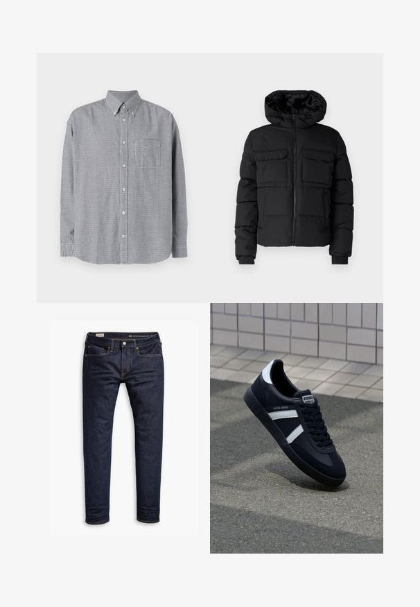 Schwarze gepolsterte Jacke mit Kapuze, zwei Brusttaschen, einem Frontreißverschluss und Rippbündchen. Glatte Textur und leichtes Design.; Schwarz-weiße karierte Langarmhemd mit Knopfleiste und Kragen, einer Brusttasche und abgerundetem Saum. Aus Baumwollstoff, mit glatter Textur.; Dunkelblaue Denim-Jeans mit schmaler Passform, orangefarbenen Nähten, Fünf-Taschen-Design und Metallbeschlägen. Glatte Textur, keine Muster.; Schwarze Leder-Sneaker mit weißen Streifen, strukturiertem Gummisohle und Schnürung. Verfügt über ein Markenetikett auf der Zunge.