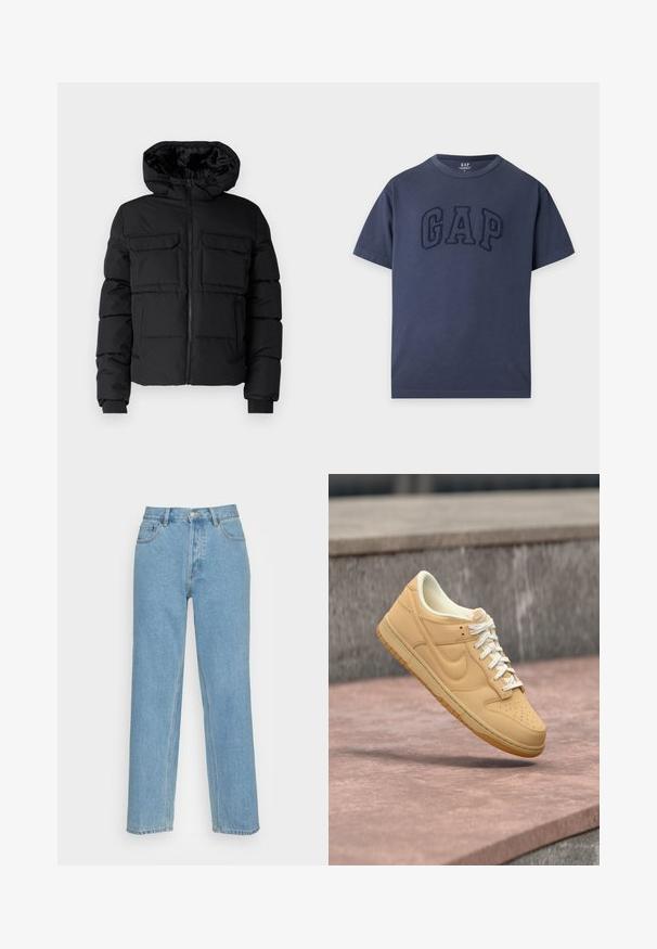 Schwarze gepolsterte Jacke mit Kapuze, zwei Brusttaschen, einem Frontreißverschluss und Rippbündchen. Glatte Textur und leichtes Design.; Marineblaues kurzärmeliges T-Shirt mit Rundhalsausschnitt und erhabenen, strukturierten "GAP" Buchstaben auf der Brust.; Helle blaue gerade geschnittene Jeans aus Denim mit einem klassischen Fünf-Taschen-Design, einem vorderen Knopfverschluss und sichtbaren Nähdetails.; Beiger Nike Low-Top Sneaker mit weißen Schnürsenkeln und Gummisohle, der über einer Steinoberfläche und einem Betonhintergrund schwebt.