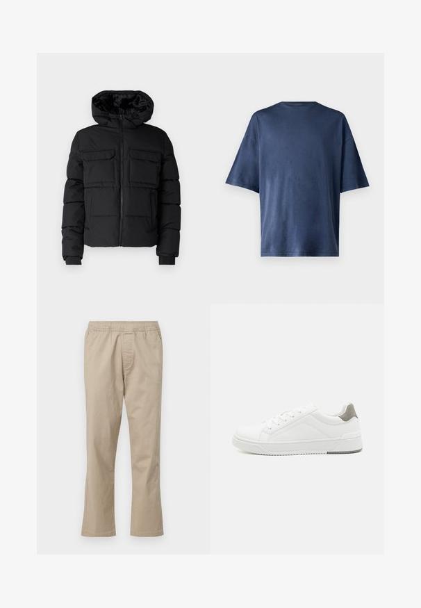 Schwarze gepolsterte Jacke mit Kapuze, zwei Brusttaschen, einem Frontreißverschluss und Rippbündchen. Glatte Textur und leichtes Design.; Marineblaue Kurzarm-T-Shirt aus weichem Stoff, mit klassischen Rundhalsausschnitt und lockerer Passform, ohne sichtbare Muster oder Akzente.; Beige Baumwollhose mit elastischem Bund, geradem Bein und seitlichen Nahttaschen, mit glatter Textur und ohne Muster.; Weißer Sneaker aus glattem Leder, runde Zehenpartie, minimalistisches Design, graue Fersenkante und strukturierte Gummisohle.