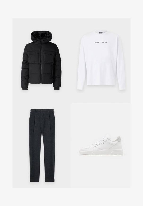 Sort polstret jakke med hætte, der har to brystlommer, en frontlynlås og ribbede ærmer. Glat overflade og letvægtsdesign.; Hvid langærmet t-shirt lavet af bomuld, med "RED BULL RACING" trykt i sort henover brystet. Rund hals design, afslappet pasform.; Grå uld-blandede bukser med to frontindfoldninger, bæltestropper, sidelommer og knaplukning. Lige ben-design med en glat tekstur.; Hvide lædersneakers med en glat finish, rund tå, flade snørebånd og en struktureret sål. Grå ruskindsdetalje ved hælen.