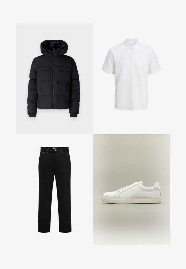 Veste rembourrée noire avec capuche, dotée de deux poches poitrine, d'une fermeture éclair à l'avant et de poignets côtelés. Texture lisse et design léger.; Polo shirt blanc en coton texturé, avec fermeture éclair, manches courtes et col. Marquage subtil sur le côté gauche à l'avant.; Jeans noirs à jambes droites avec poches avant, passants pour ceinture, fermeture par bouton et détails de coutures visibles.; Baskets blanches basses à lacets sur l’avant et semelle épaisse, vues de côté sur un fond neutre.