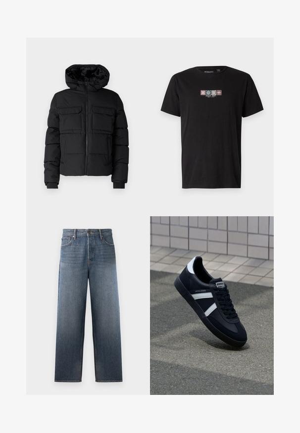 Schwarze gepolsterte Jacke mit Kapuze, zwei Brusttaschen, einem Frontreißverschluss und Rippbündchen. Glatte Textur und leichtes Design.; Schwarzes Baumwoll-T-Shirt mit einem vorderen Grafikdruck von vier bunten geometrischen Mustern und dem Text "BRAVE SOUL EST. 1972" in der Mitte.; Jeans aus Denim in mittlerem Blau mit einem geraden Bein Design, ausgestattet mit fünf Taschen, einem Knopf- und Reißverschluss sowie subtilen Verblassungen.; Schwarze Leder-Sneaker mit weißen Streifen, strukturiertem Gummisohle und Schnürung. Verfügt über ein Markenetikett auf der Zunge.