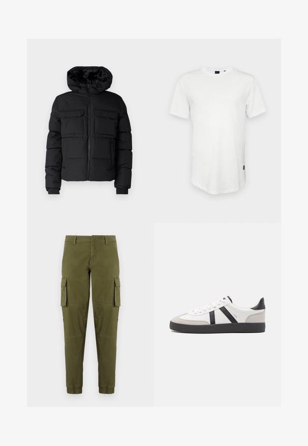 Sort polstret jakke med hætte, der har to brystlommer, en frontlynlås og ribbede ærmer. Glat overflade og letvægtsdesign.; Hvid kortærmet t-shirt lavet af bomuld, med rund halsudskæring og en let forlænget ryg, samt en lille logoaccent på siden.; Olivengrønne cargo-bukser med elastiske manchetter, der har to sidelommer, en frontlukning med knap og et glat, let materiale.; Hvide sneakers med sorte og grå detaljer, med en tekstureret grå tåhætte, sort gummisål og flade hvide snørebånd. Rent design, minimalistisk stil.