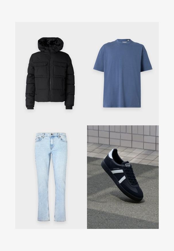 Schwarze gepolsterte Jacke mit Kapuze, zwei Brusttaschen, einem Frontreißverschluss und Rippbündchen. Glatte Textur und leichtes Design.; Blaues T-Shirt mit kurzen Ärmeln aus weicher Baumwolle, featuring einen Rundhalsausschnitt und einen lässigen Schnitt, mit minimalen Nähedetails.; Hellblaue Jeans aus Denim mit geradem Bein, mit einem Knopfverschluss, fünf Taschen und sanften Ausbleichungen für Textur.; Schwarze Leder-Sneaker mit weißen Streifen, strukturiertem Gummisohle und Schnürung. Verfügt über ein Markenetikett auf der Zunge.