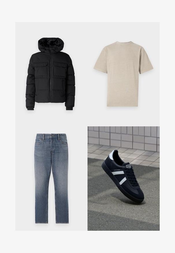 Sort polstret jakke med hætte, der har to brystlommer, en frontlynlås og ribbede ærmer. Glat overflade og letvægtsdesign.; Kortærmet T-shirt i lys beige med rund hals, lavet af blødt stof, med en glat tekstur og et enkelt design uden grafik.; Mørkeblå denim jeans, lige ben, med en falmet vask, fem lommer og hardware i kobberfarve. Rent, klassisk udseende.; Sort lædersneaker med hvide striber, tekstureret gummisål og snørrebånd foran. Har et brandet mærke på tungen.