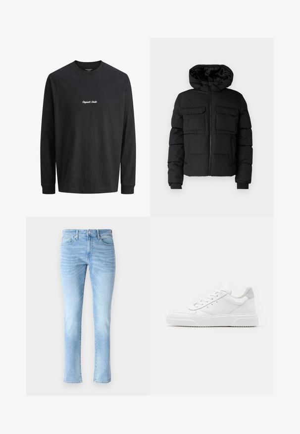 Sort polstret jakke med hætte, der har to brystlommer, en frontlynlås og ribbede ærmer. Glat overflade og letvægtsdesign.; Langærmet sort T-shirt med "Originals Studio" broderet i hvidt på brystet; minimalistisk design mod en ensfarvet baggrund.; Lyseblå denimjeans med slim fit, fem lomme-design og subtile falmede detaljer, der har et klassisk lige ben-snits og knaplukning.; Hvide lædersneakers med en glat finish, rund tå, flade snørebånd og en struktureret sål. Grå ruskindsdetalje ved hælen.