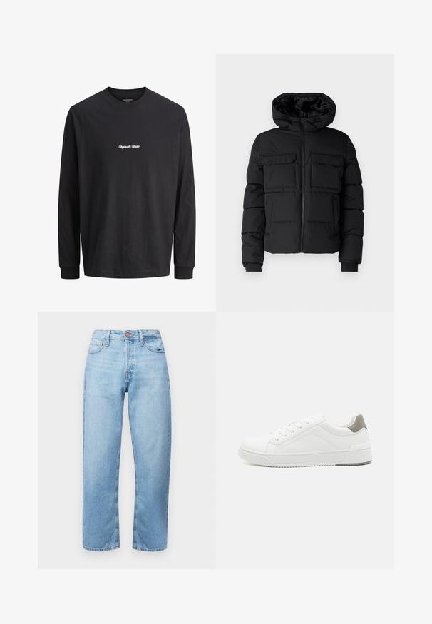 Sort polstret jakke med hætte, der har to brystlommer, en frontlynlås og ribbede ærmer. Glat overflade og letvægtsdesign.; Langærmet sort T-shirt med "Originals Studio" broderet i hvidt på brystet; minimalistisk design mod en ensfarvet baggrund.; Lys blå denim jeans med lige snit, fem-lomme design og knaplukning. Glat tekstur og minimal slid, med syede detaljer.; Hvid sneaker lavet af glat læder, rund tå, minimalistisk design, grå hælafsats og tekstureret gummisål.
