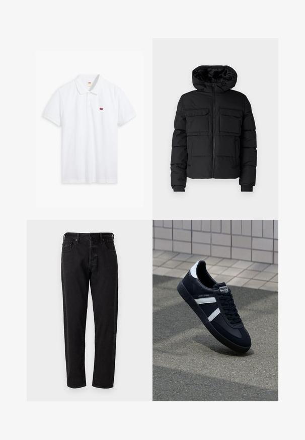 Zwarte gewatteerde jas met capuchon, voorzien van twee borstzakken, een ritssluiting aan de voorkant en ribboorden. Soepele textuur en lichtgewicht ontwerp.; Witte polo shirt van katoen. Voorzien van een drie-knopen sluiting, korte mouwen en een klein rood Levi's logo op de linkerborst.; Zwarte denim jeans met een rechte pasvorm, vijf zakken en een metalen knoopsluiting. Het materiaal heeft een zachte textuur met minimale vervaging.; Zwarte leren sneaker met witte strepen, een gestructureerde rubberen zool en vetersluiting aan de voorkant. Voorzien van een merklabel op de tong.