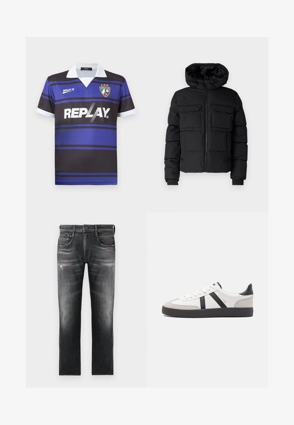 Chaqueta acolchada negra con capucha, que cuenta con dos bolsillos en el pecho, un cierre frontal con cremallera y puños de canalé. Textura suave y diseño ligero.; Camisa de fútbol negra y azul con rayas horizontales, cuello blanco y logo "REPLAY". Presenta un emblema de escudo con estrellas encima.; Jeans de mezclilla negra con corte recto, que presentan un sutil desgaste, detalles de arrugas y un ligero deterioro cerca de la rodilla.; Zapatilla blanca con acentos en negro y gris, que presenta una puntera texturizada en gris, suela de goma negra y cordones planos blancos. Diseño limpio, estilo minimalista.